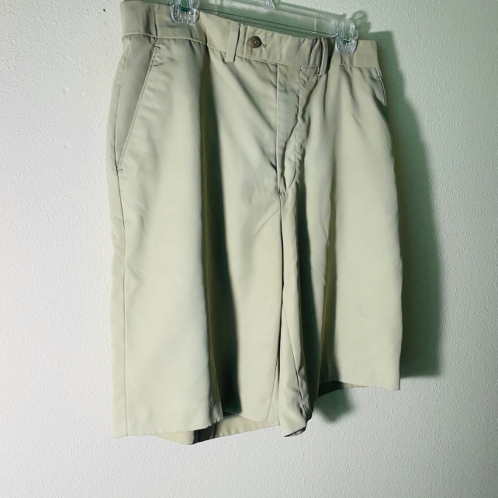 ALAN FLUSSER MENS GOLF POLYESTER SHORTS SZ 34"W BEIGE FLAT FRONT